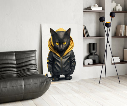 Black cat wearing gold-trimmed leather jacket displayed on white canvas in modern living room with gray sofa and shelving.