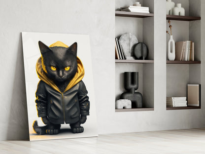 Black cat wearing gold-trimmed hoodie with yellow eyes displayed against white wall beside shelving unit.