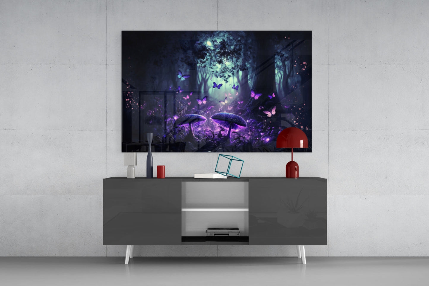 Modern living room setup displaying a glowing purple mushroom and butterfly forest scene on wall-mounted glass art above a gray television console.