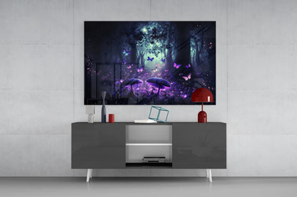 Modern living room setup displaying a glowing purple mushroom and butterfly forest scene on wall-mounted glass art above a gray television console.