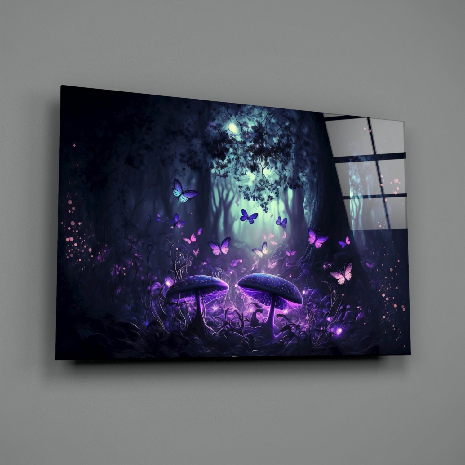 Angled view of glass wall art displaying glowing purple mushrooms and butterflies in a dark forest scene with luminescent accents.