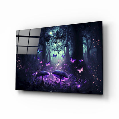 Angled perspective of glass wall art displaying glowing purple mushrooms, butterflies, and forest scene with window frame visible on left edge.
