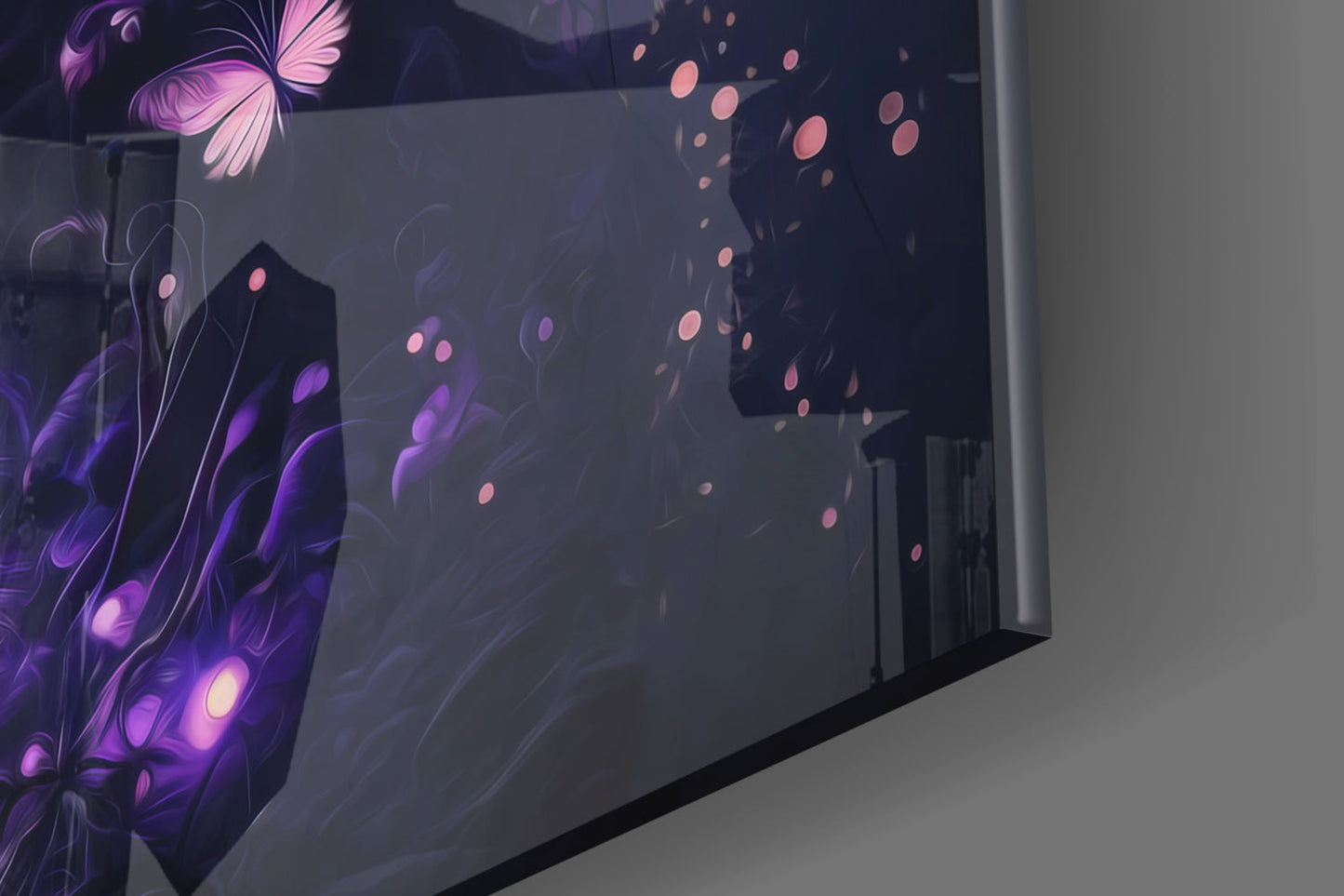 Close-up angled view of glass wall art displaying glowing purple and pink mushroom designs with floating particles against dark background.