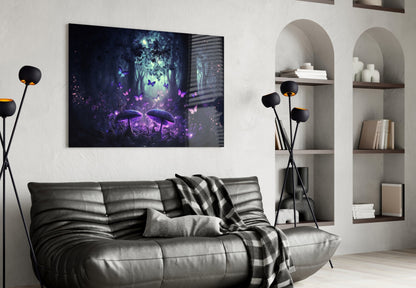 Purple and blue bioluminescent mushrooms with butterflies displayed above black leather sofa in modern living room with built-in shelving.