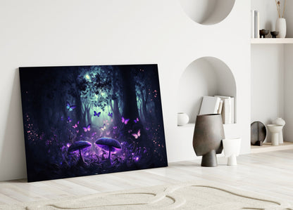 Glowing purple and pink mushrooms with butterflies in a dark forest scene displayed as glass wall art leaning against a white wall in a minimalist interior.