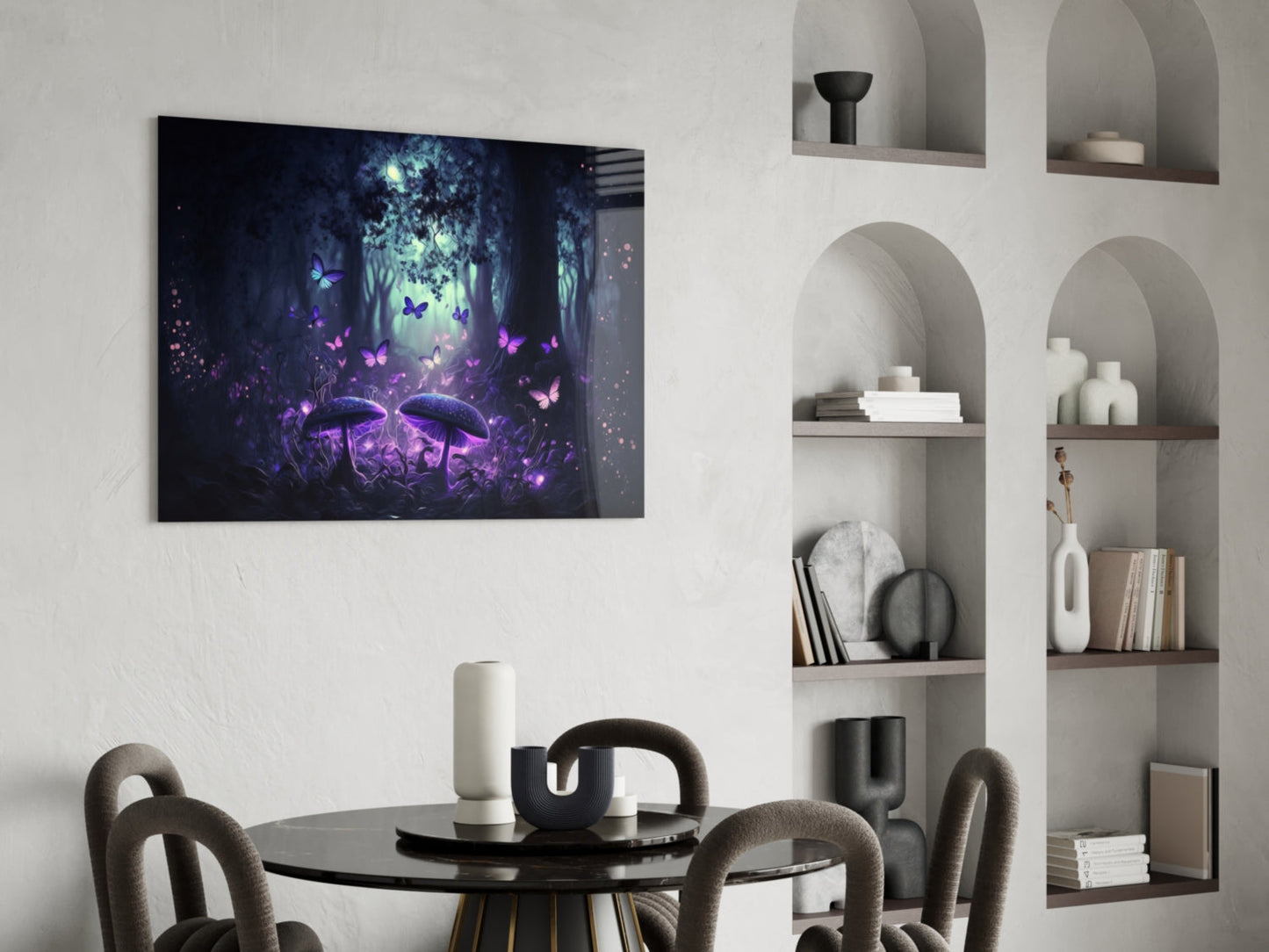 Purple and blue glowing mushrooms with butterflies displayed above a black dining table in a modern white interior space.