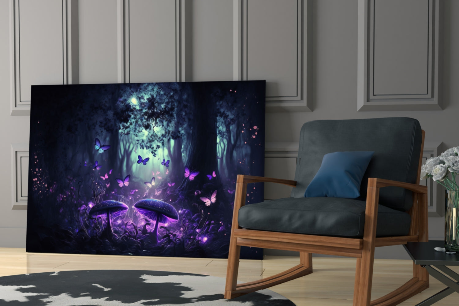 Glowing purple and blue mushrooms with butterflies displayed on a large glass panel in a modern living room setting.