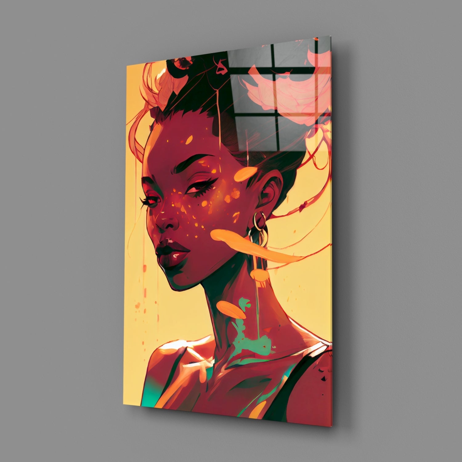 Angled view of glass wall art featuring a stylized portrait with red, orange, and yellow tones against a warm yellow background, mounted on gray wall.