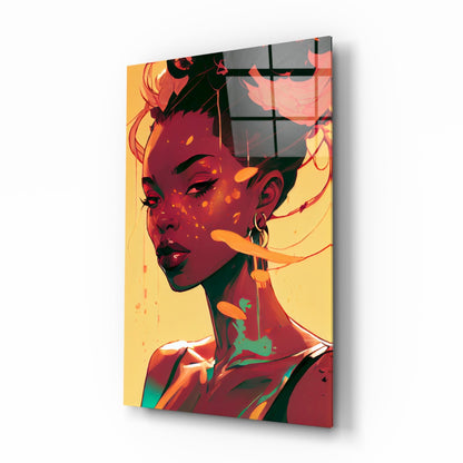 Angled perspective of a glass wall art panel featuring a stylized portrait of a woman with red and orange tones against a yellow background, with black grid lines overlaid.