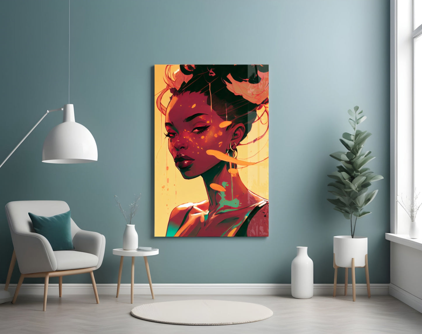 Vibrant pop art portrait in red, yellow, and black tones displayed on teal wall above modern furniture.