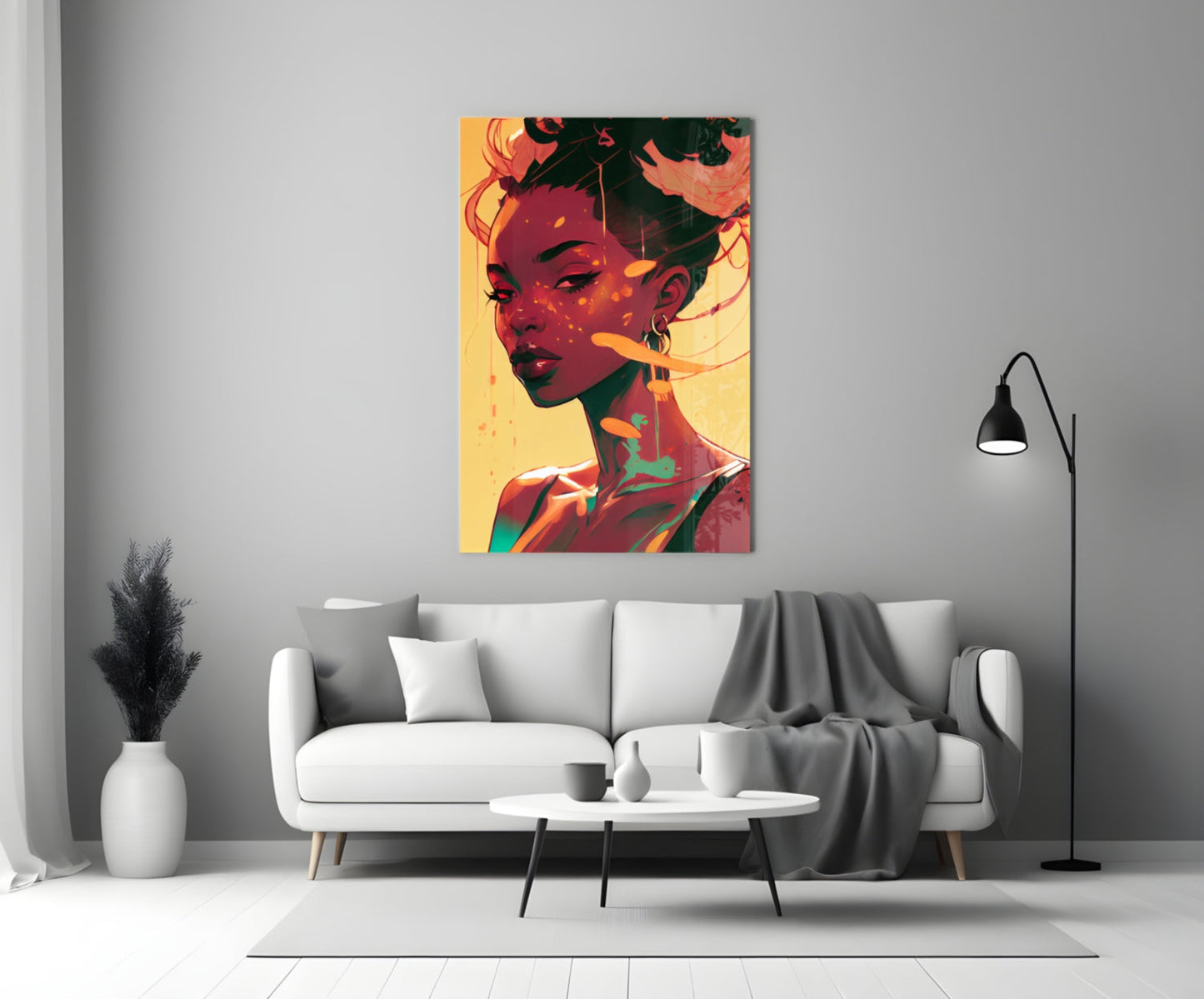 Colorful portrait glass wall art featuring a woman's face in red, yellow, and orange tones, displayed above a white sofa in a modern living room.