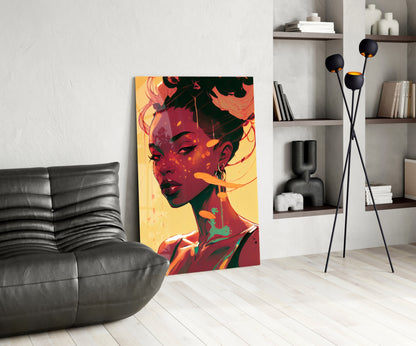 Vibrant portrait glass art depicting a woman's face in red, orange, and yellow tones displayed in a modern living room setting.
