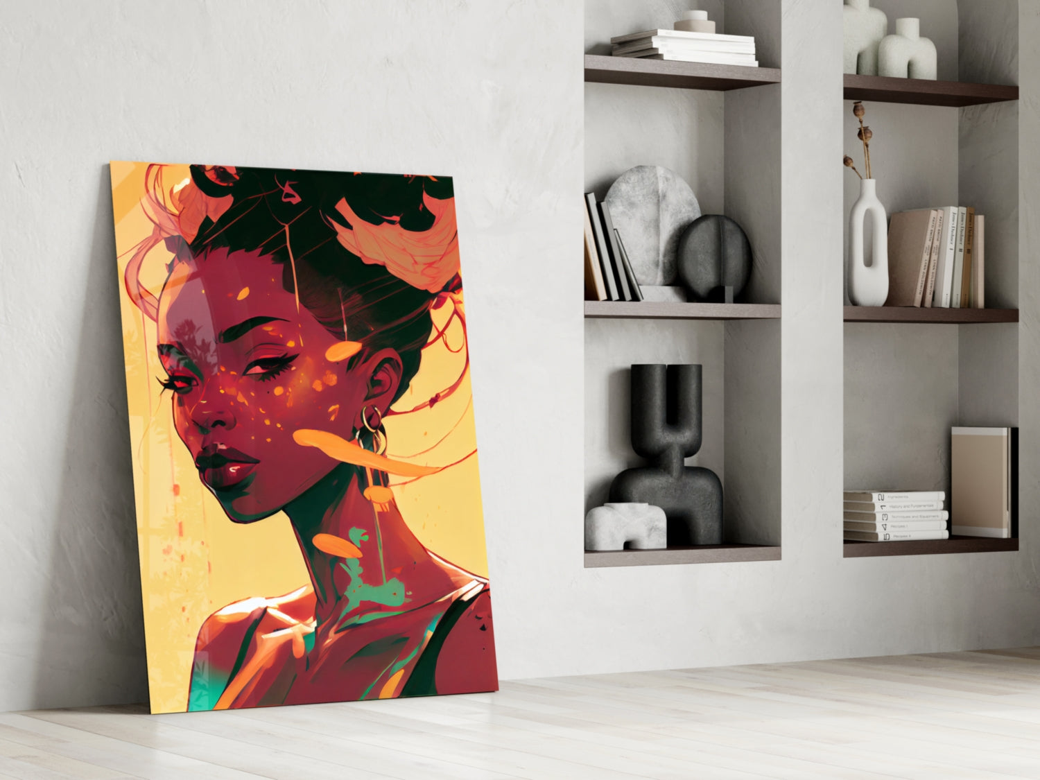 Colorful pop-art glass wall art depicting a woman's face in red, orange, and yellow tones, leaning against a white wall beside built-in shelving.