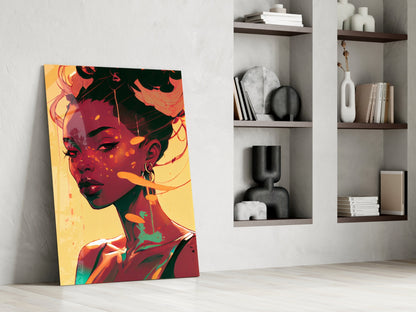 Colorful pop-art glass wall art depicting a woman's face in red, orange, and yellow tones, leaning against a white wall beside built-in shelving.