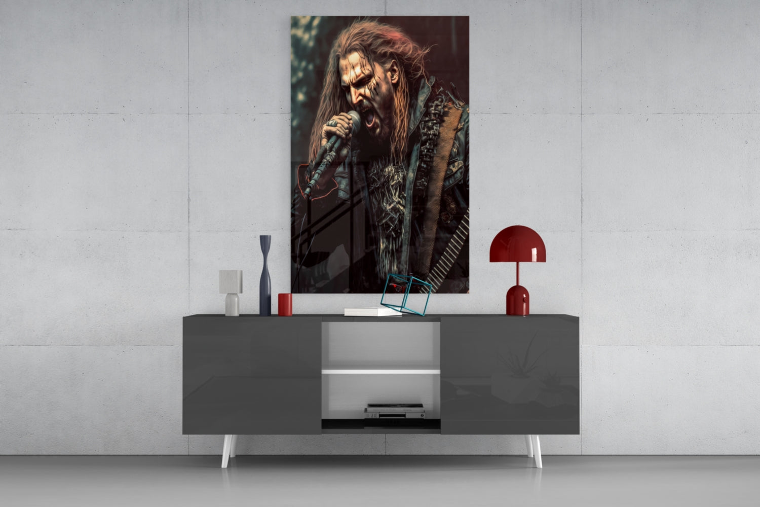 Rockerz Glass Wall Art featuring a long-haired musician with microphone displayed above a modern gray sideboard with red accents.