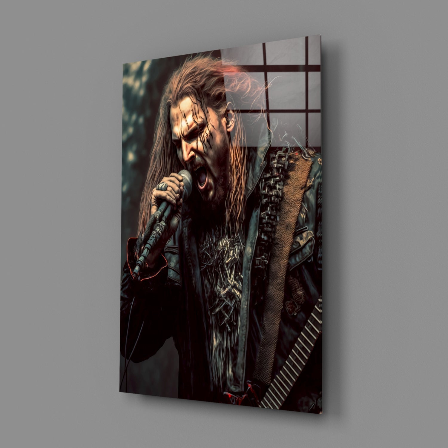 Angled perspective of glass wall art featuring a long-haired male vocalist with beard singing into microphone, wearing dark patterned clothing against dark background.