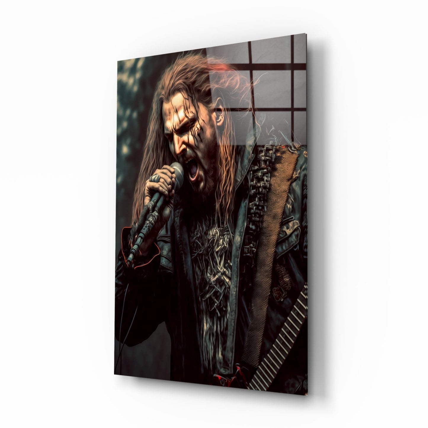 Angled view of a glass wall art panel featuring a long-haired male performer with a microphone, wearing ornate dark clothing against a dark background.