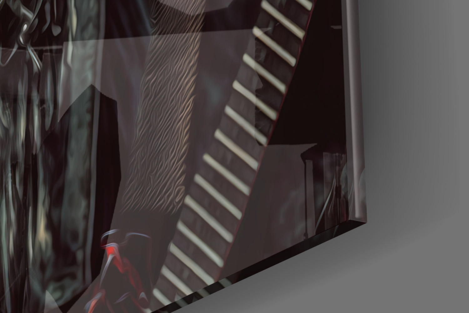 Close-up angled view of glass wall art with dark geometric shapes, striped patterns, and red accents cast against light background.