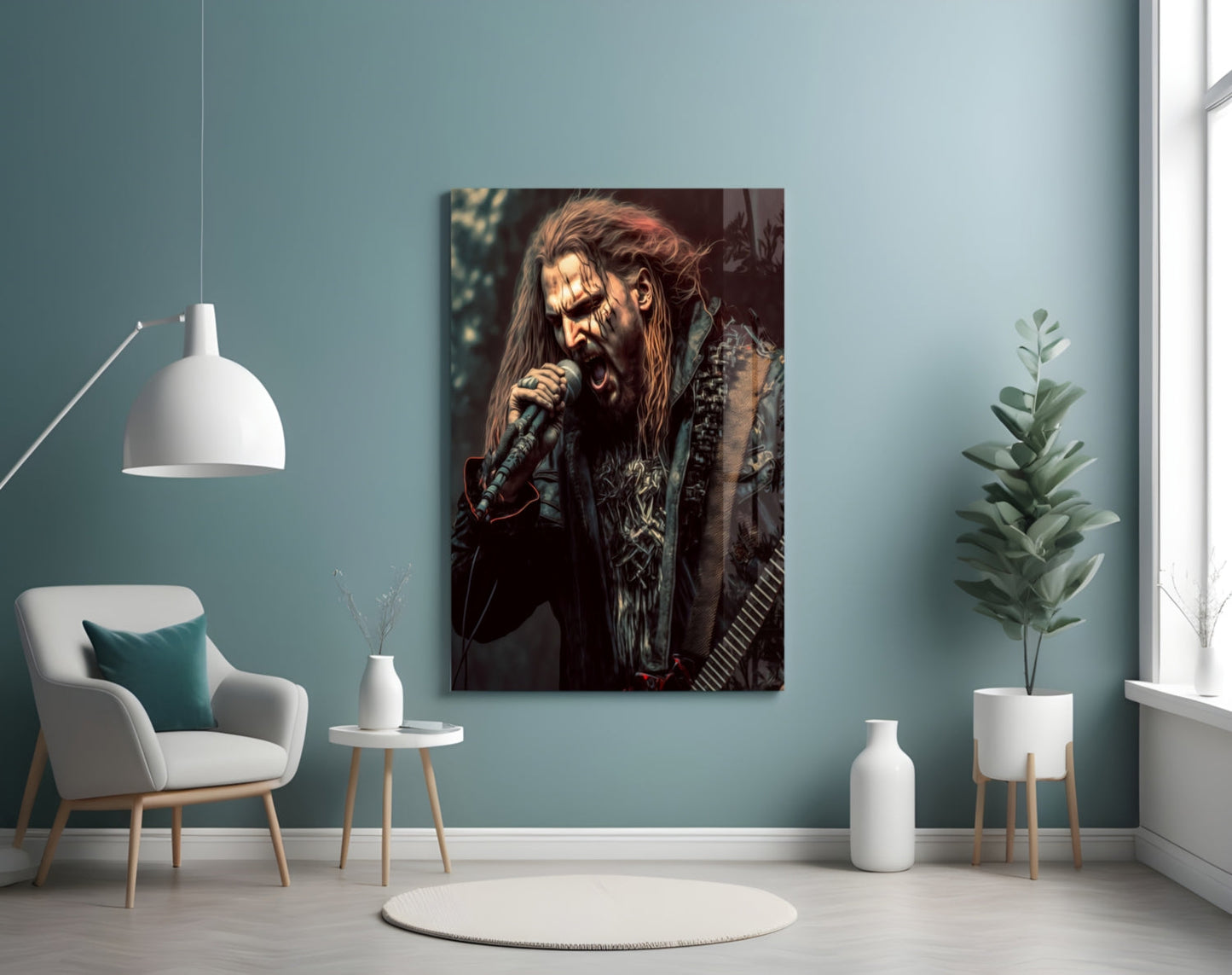 Glass wall art depicting a long-haired male rock vocalist with microphone against dark background, displayed in modern turquoise room.