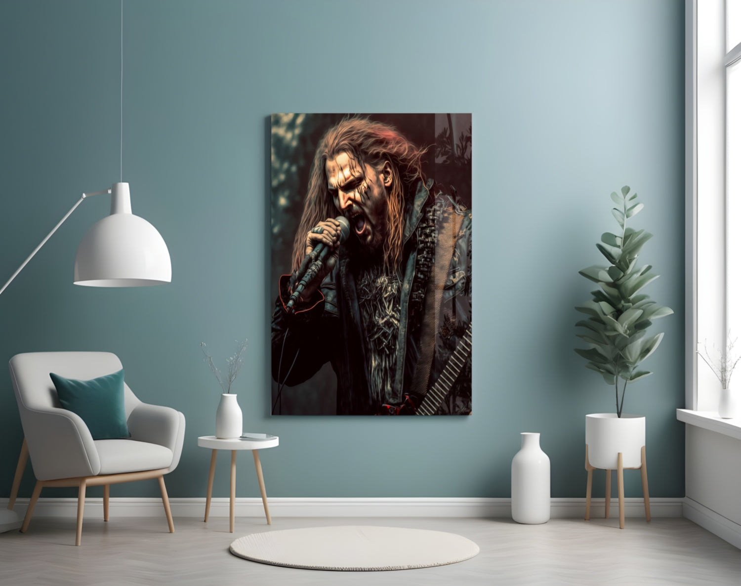 Glass wall art depicting a long-haired male rock vocalist with microphone against dark background, displayed in modern turquoise room.