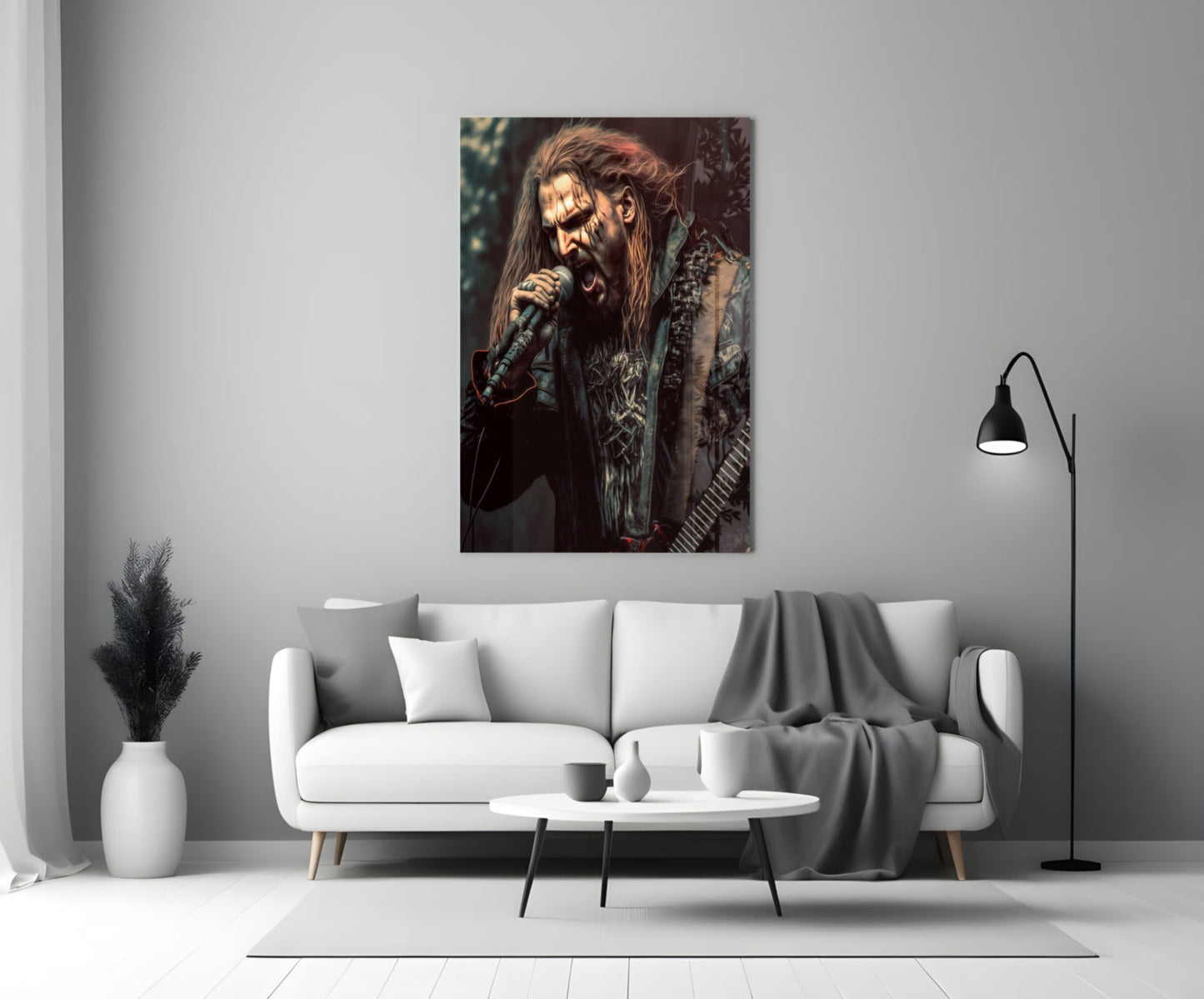 Metal rock musician with long hair holding microphone, displayed as glass wall art above white sofa in modern living room.