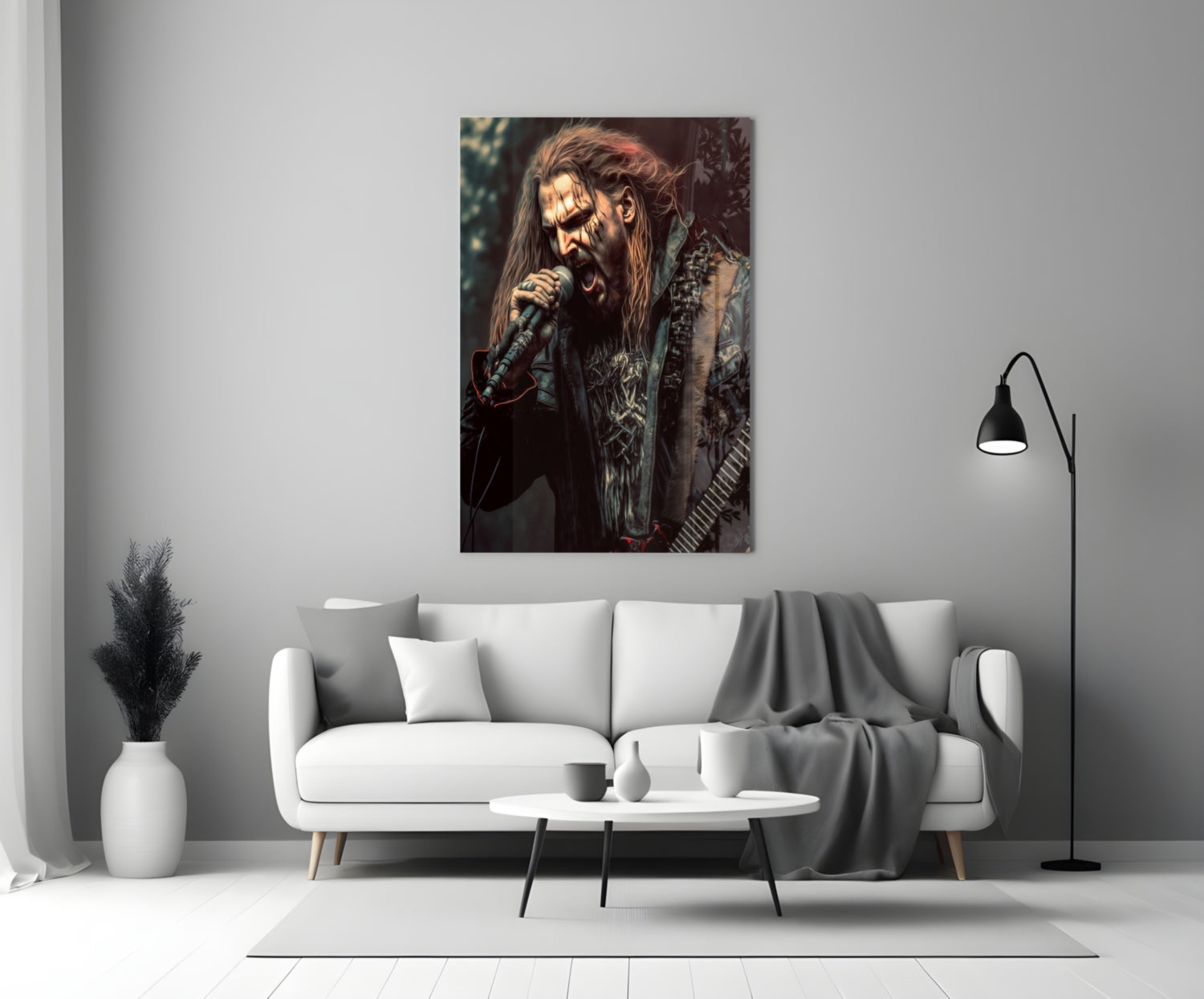 Metal rock musician with long hair holding microphone, displayed as glass wall art above white sofa in modern living room.
