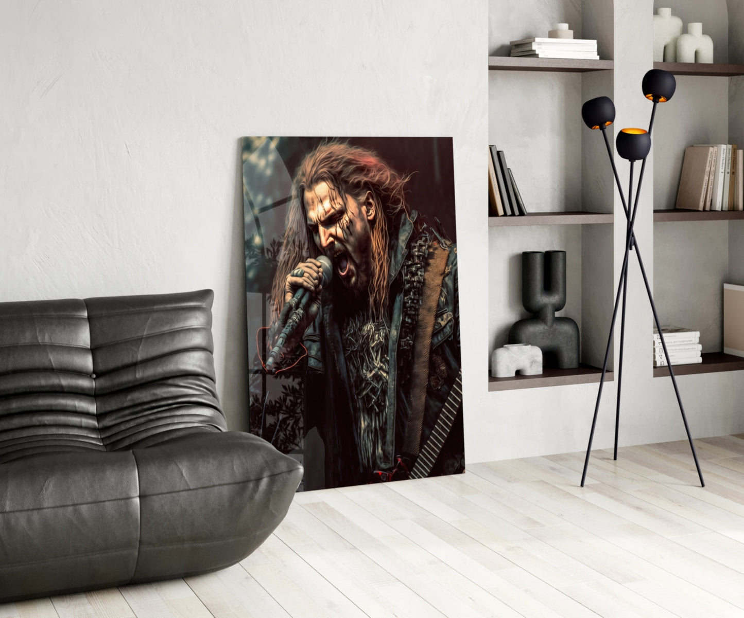Glass wall art featuring a long-haired metal musician with face paint holding a microphone, displayed in a modern living room setting.