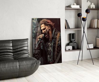 Glass wall art featuring a long-haired metal musician with face paint holding a microphone, displayed in a modern living room setting.
