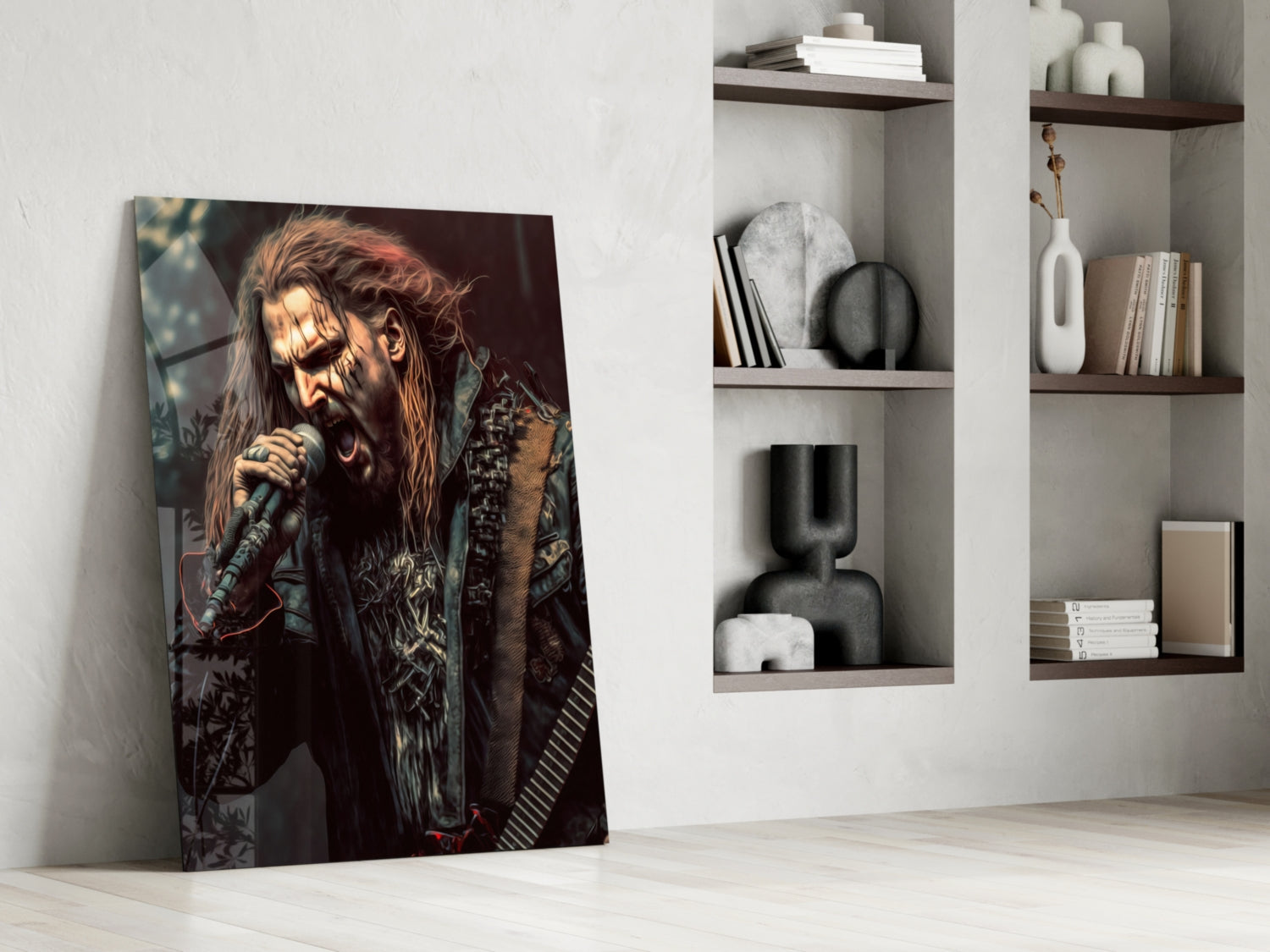 Glass wall art panel featuring a long-haired male rock vocalist with microphone against dark background, leaning against white wall beside shelving.