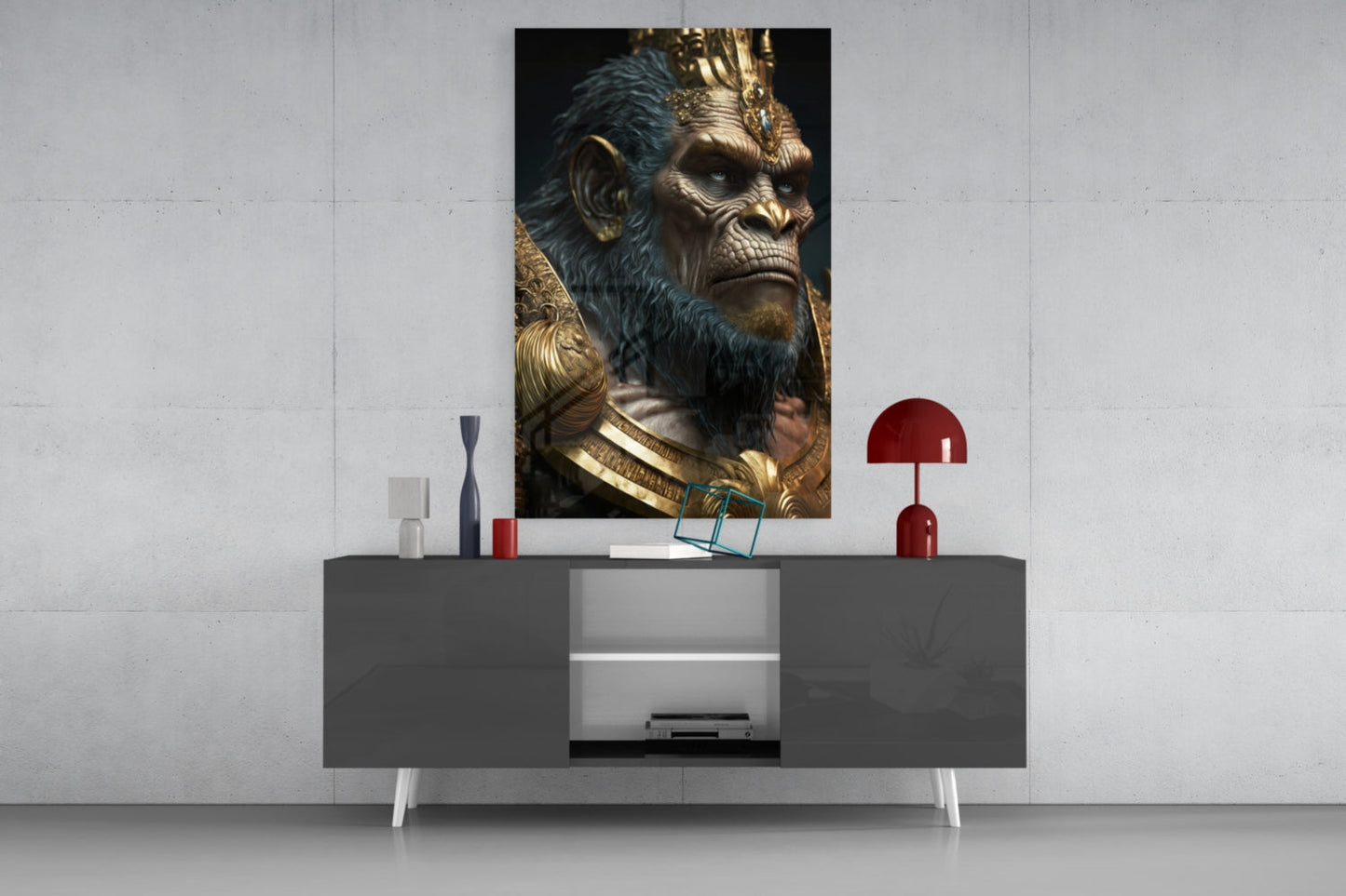 Blue Fur Gorilla in Gold Armor Glass Wall Art