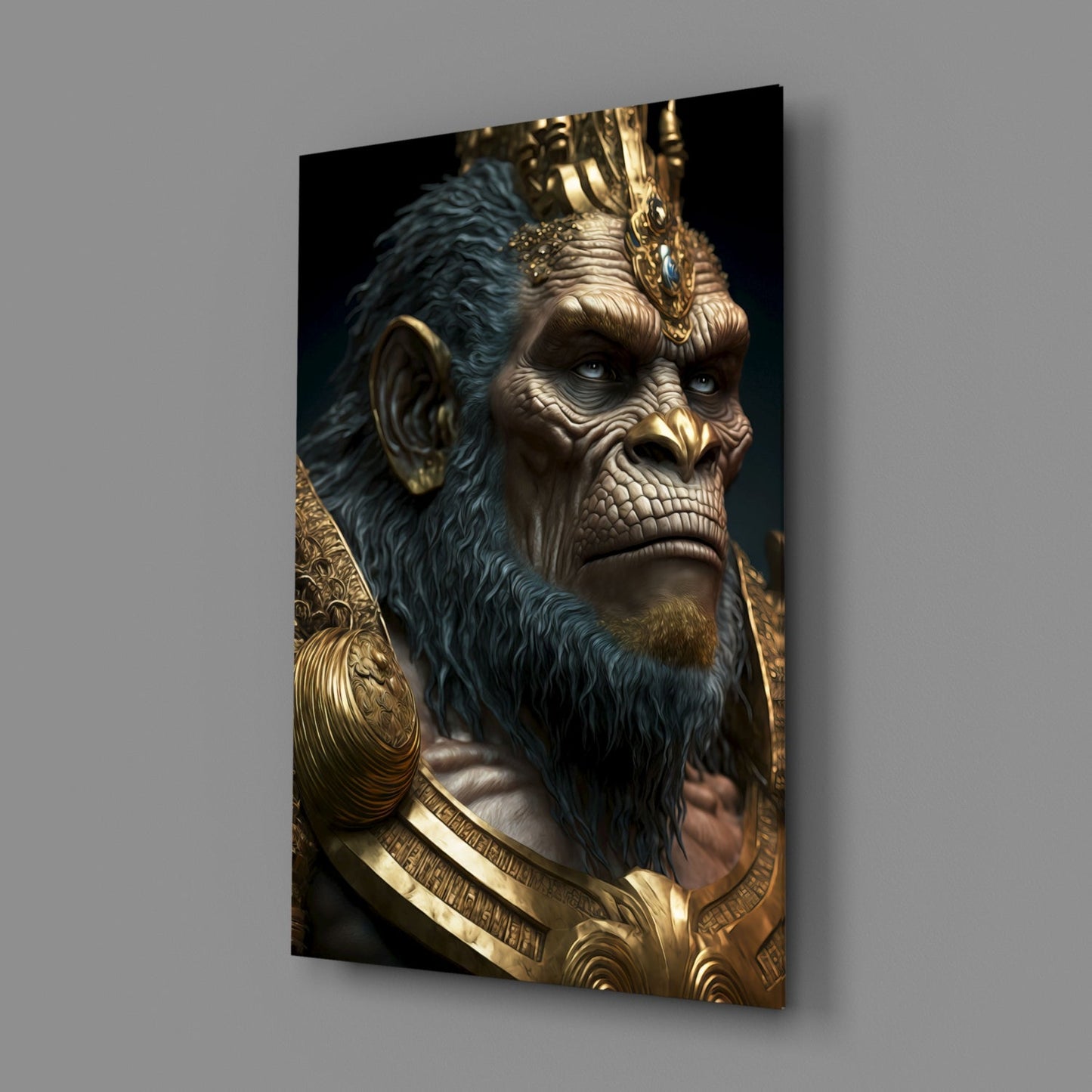 Blue Fur Gorilla in Gold Armor Glass Wall Art