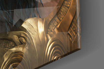 Blue Fur Gorilla in Gold Armor Glass Wall Art
