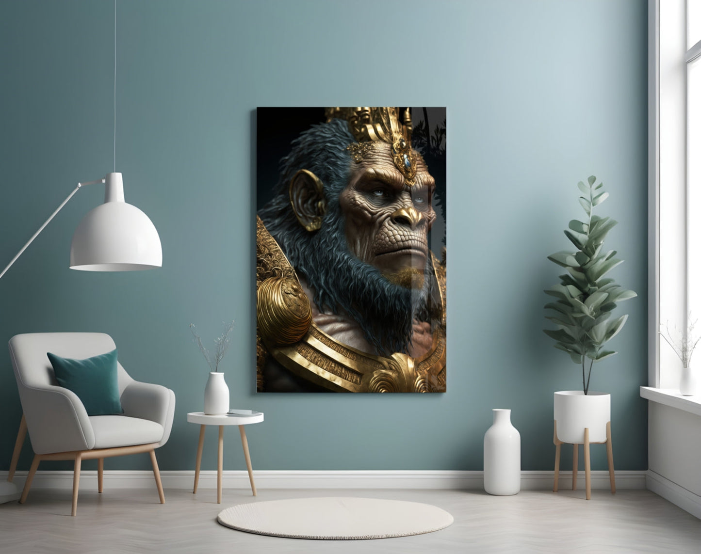 Blue Fur Gorilla in Gold Armor Glass Wall Art