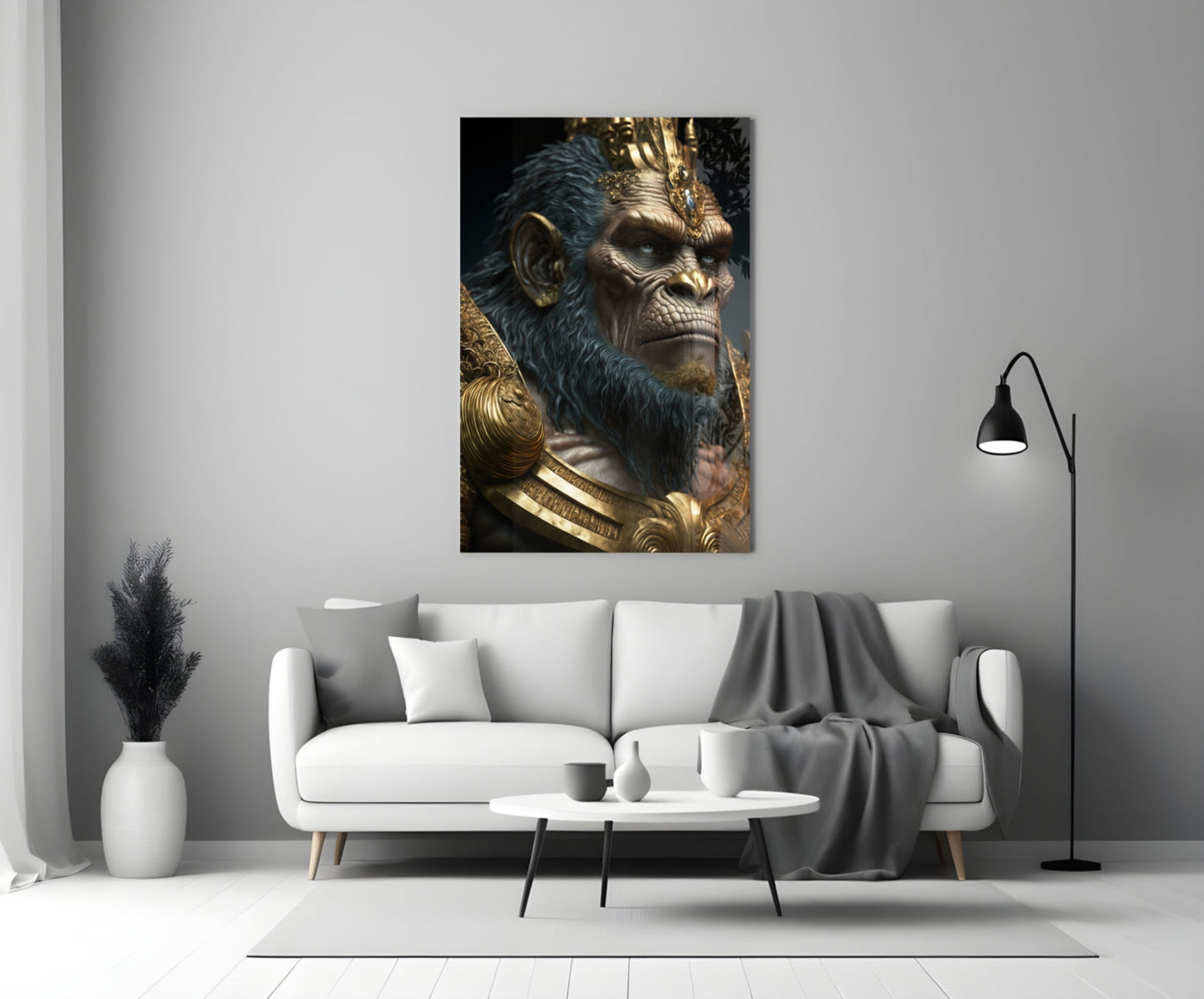 Blue Fur Gorilla in Gold Armor Glass Wall Art
