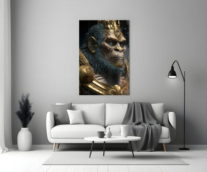 Blue Fur Gorilla in Gold Armor Glass Wall Art
