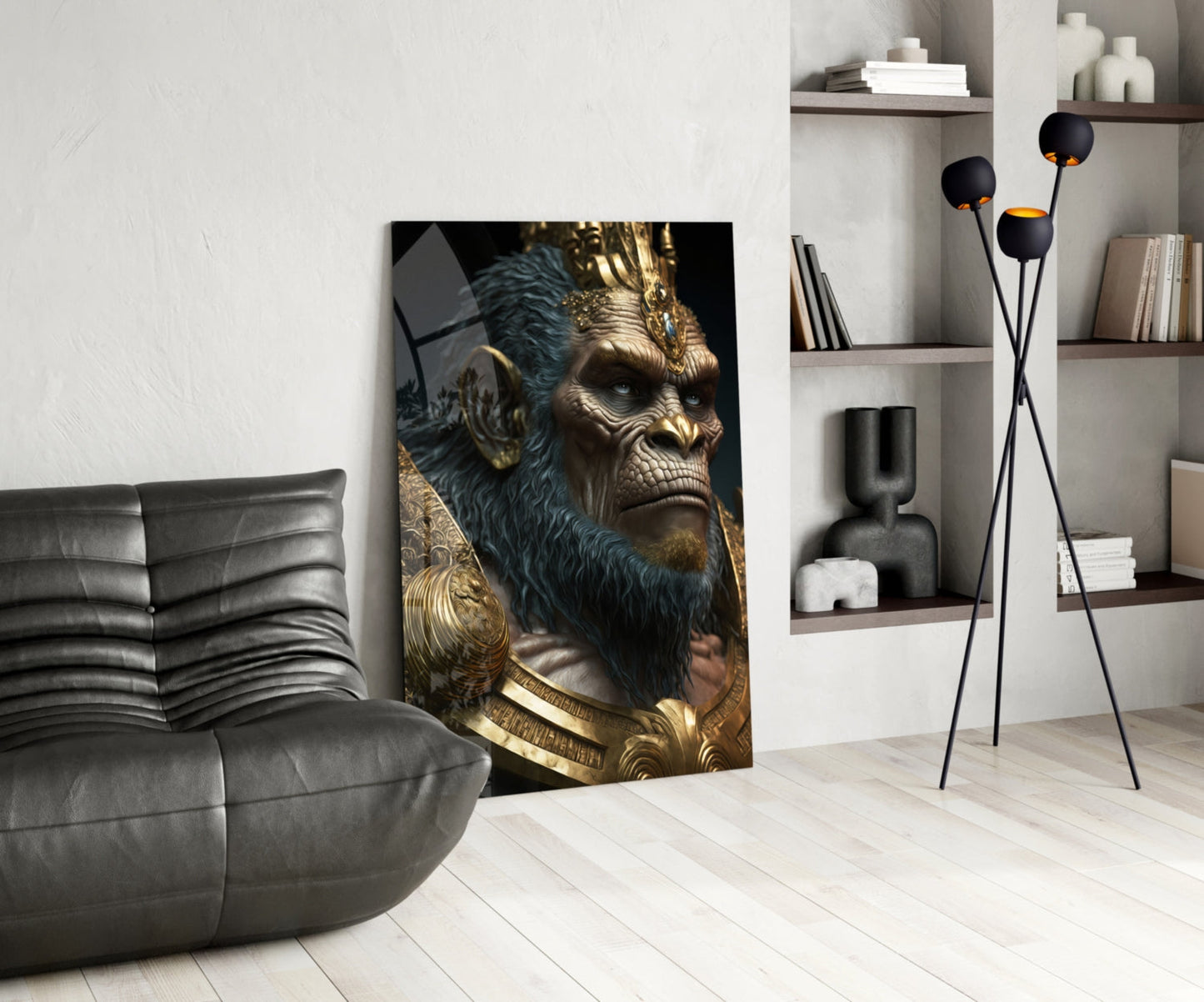 Blue Fur Gorilla in Gold Armor Glass Wall Art