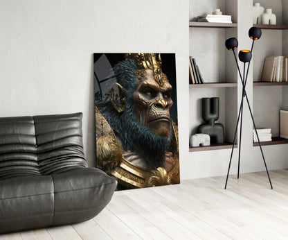 Blue Fur Gorilla in Gold Armor Glass Wall Art