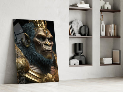 Blue Fur Gorilla in Gold Armor Glass Wall Art