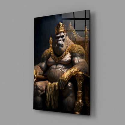 Gorilla King In Gold Robe On Throne Glass Wall Art