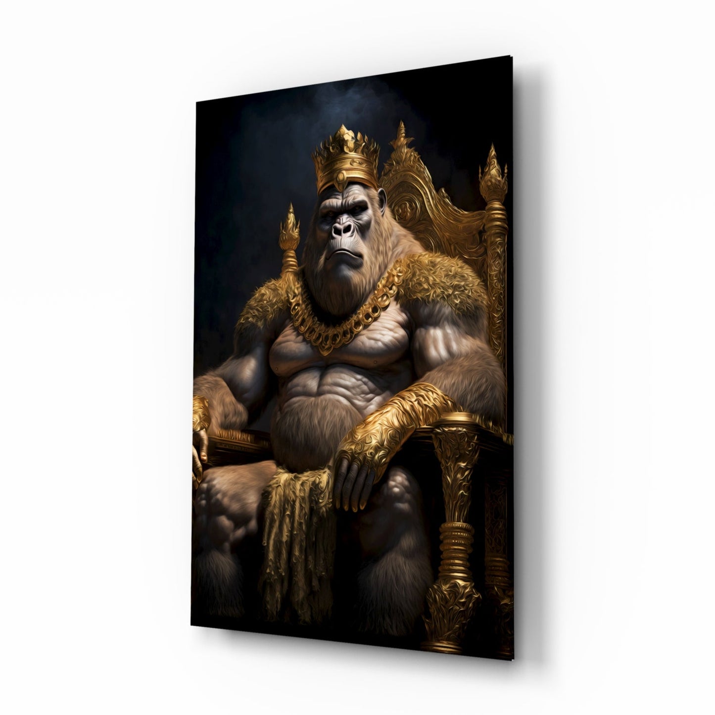 Gorilla King In Gold Robe On Throne Glass Wall Art