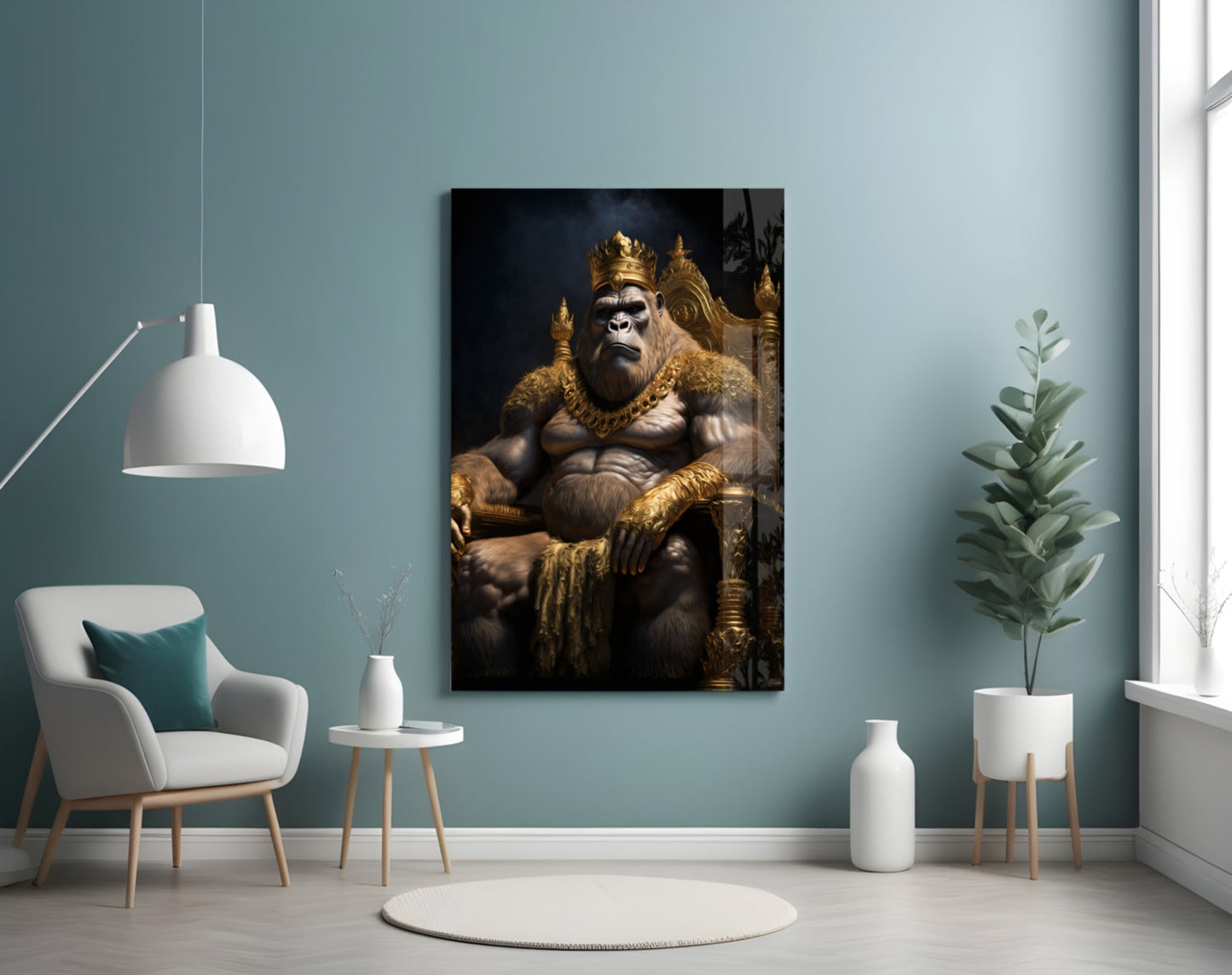 Gorilla King In Gold Robe On Throne Glass Wall Art