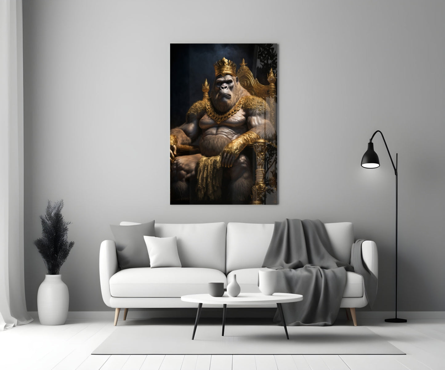 Gorilla King In Gold Robe On Throne Glass Wall Art
