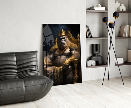 Gorilla King In Gold Robe On Throne Glass Wall Art