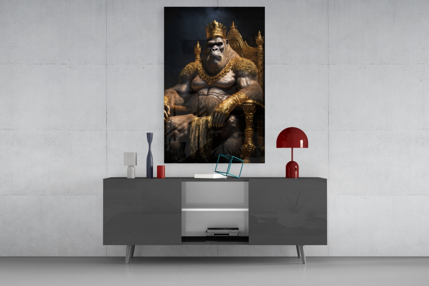 Gorilla King In Gold Robe On Throne Glass Wall Art