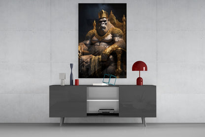 Gorilla King In Gold Robe On Throne Glass Wall Art