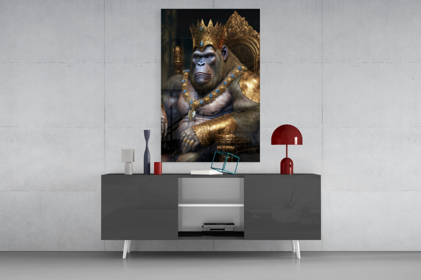 Jeweled Crown Gorilla In Gold Armor Glass Wall Art