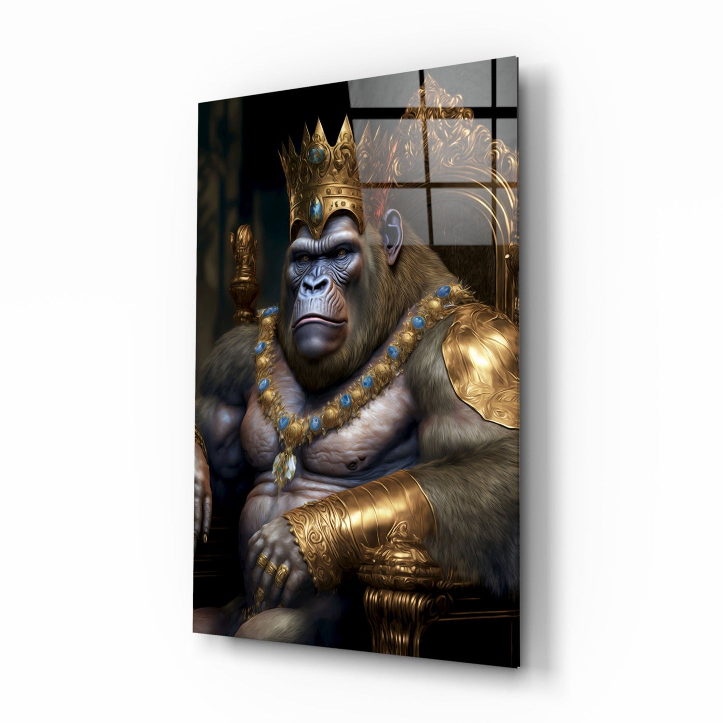 Jeweled Crown Gorilla In Gold Armor Glass Wall Art