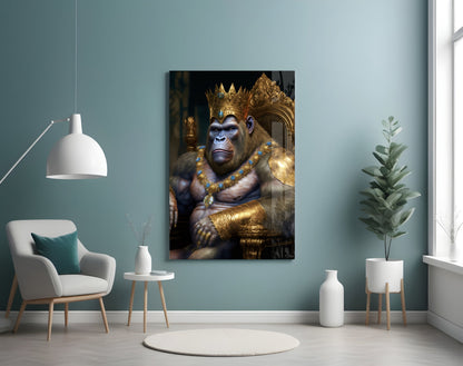 Jeweled Crown Gorilla In Gold Armor Glass Wall Art
