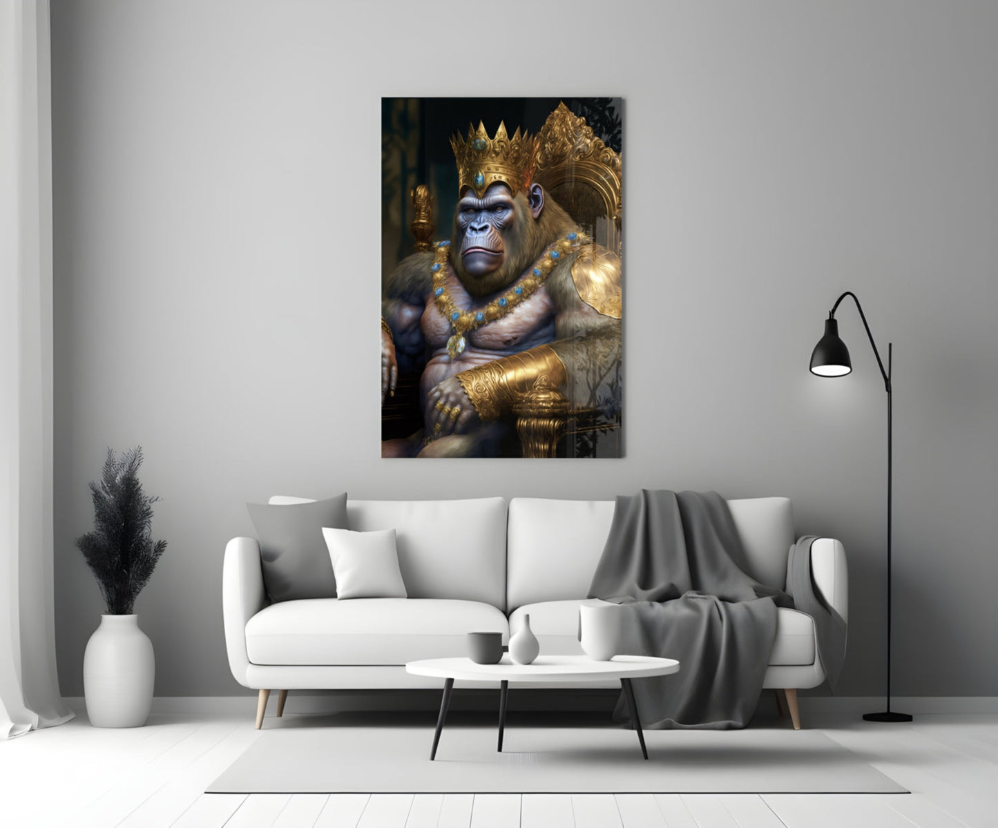 Jeweled Crown Gorilla In Gold Armor Glass Wall Art