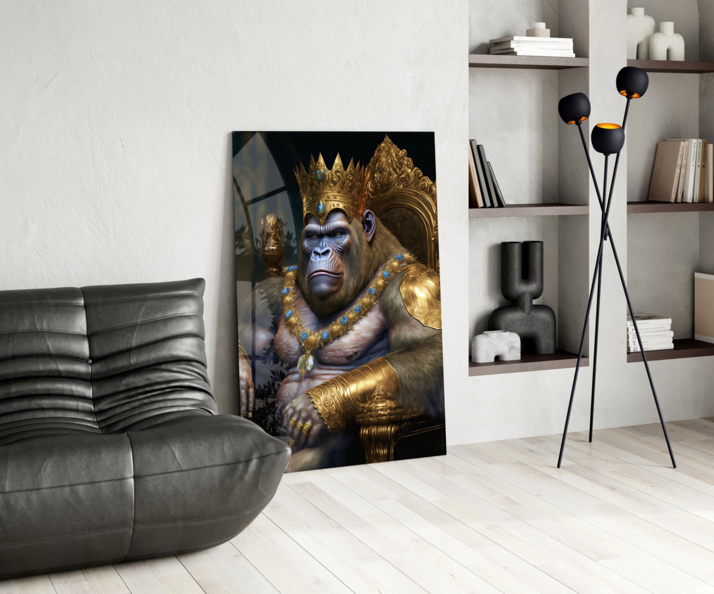 Jeweled Crown Gorilla In Gold Armor Glass Wall Art